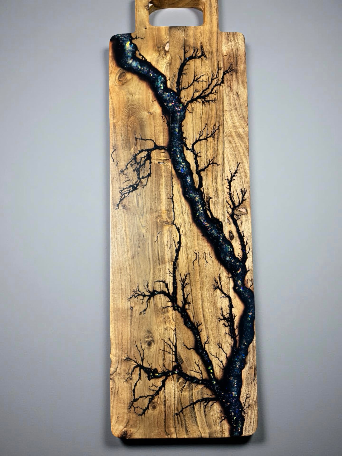 Handmade long serving board holographic resin finish, luxury grazing platter Australia