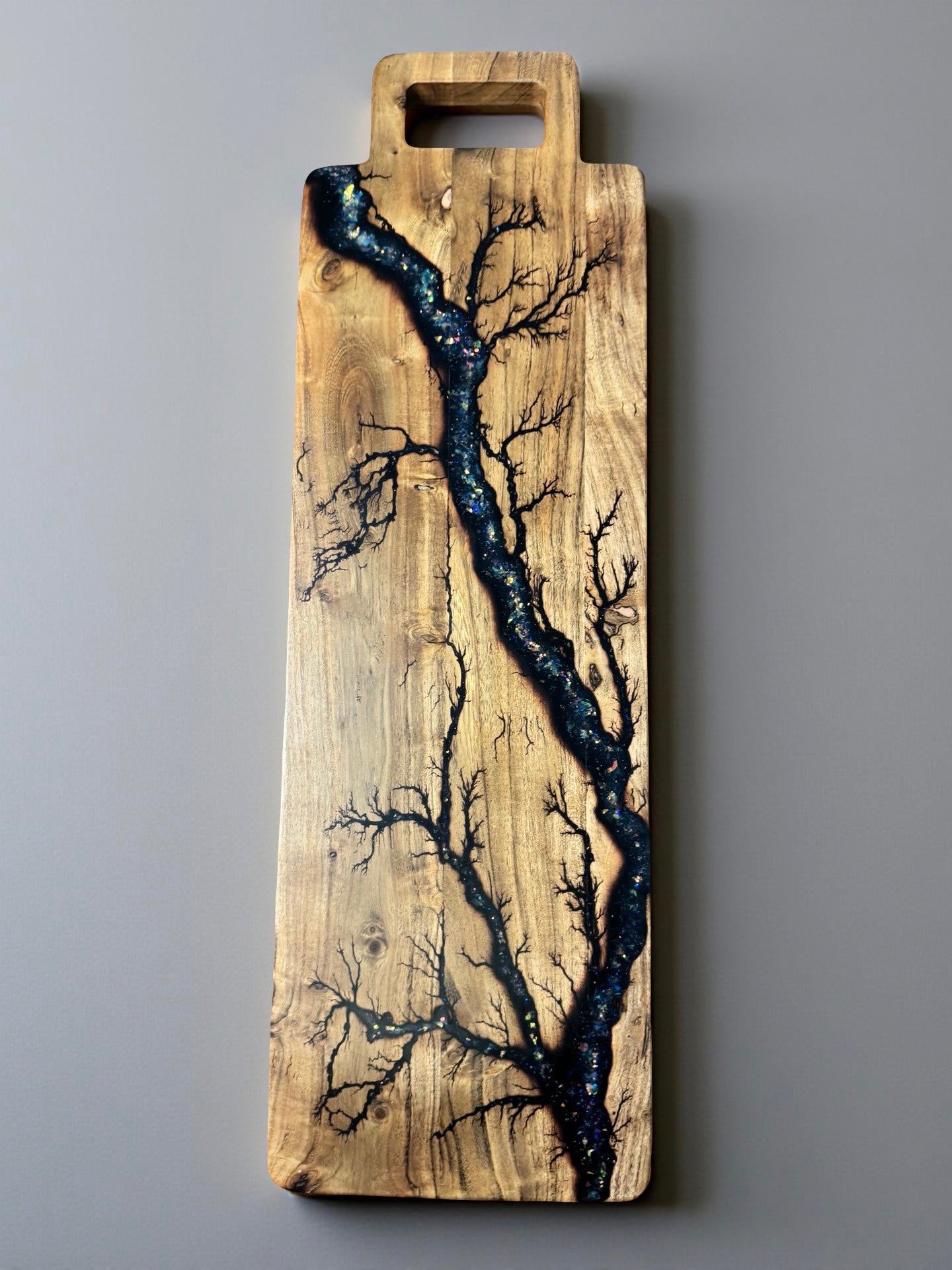 Long timber serving board with holographic resin accents, Fractal Flow Designs Australian resin boards