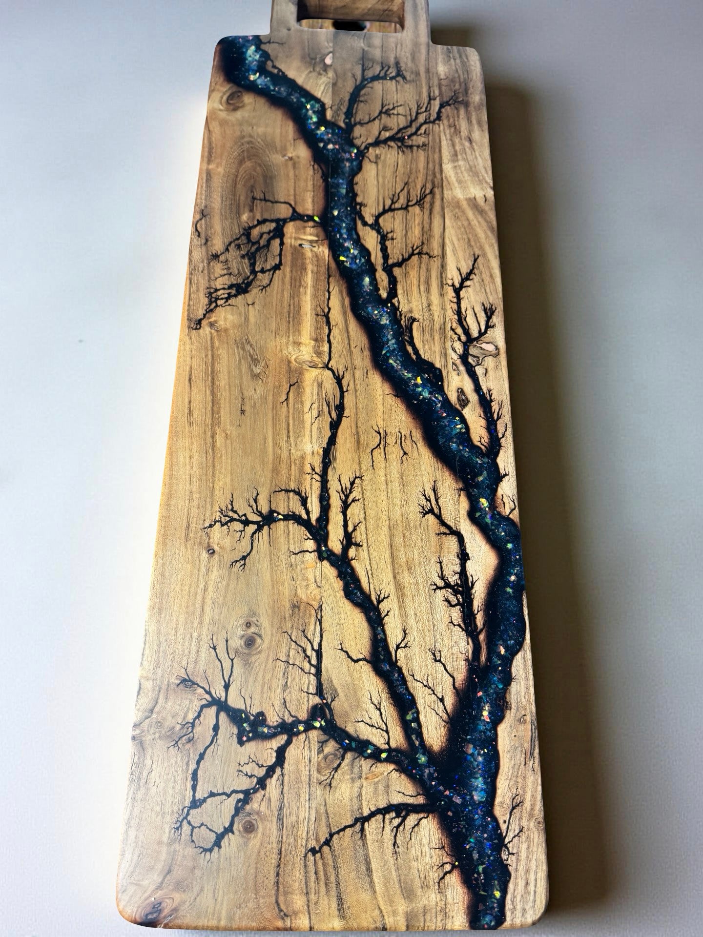 Holographic resin long board for serving and grazing, artisan timber board Australia