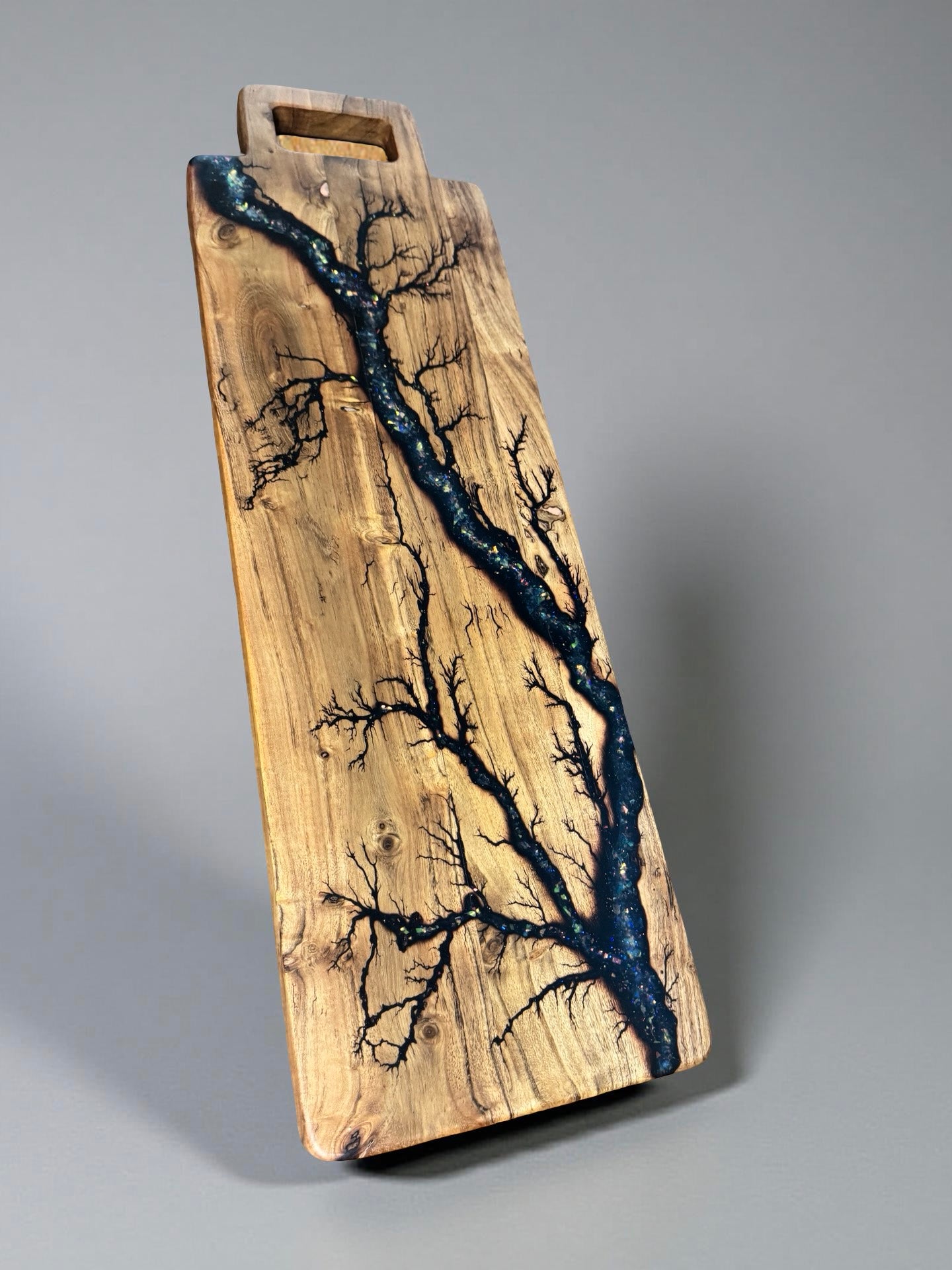 Long charcuterie serving board with holographic resin detail, premium gift ready Australian made