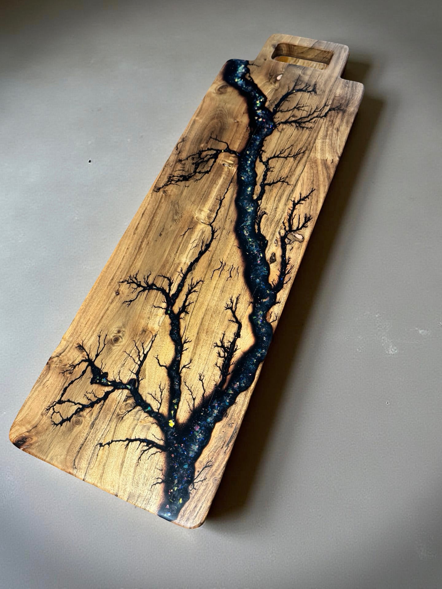 Long serving board with holographic resin art, handcrafted Australian timber grazing board