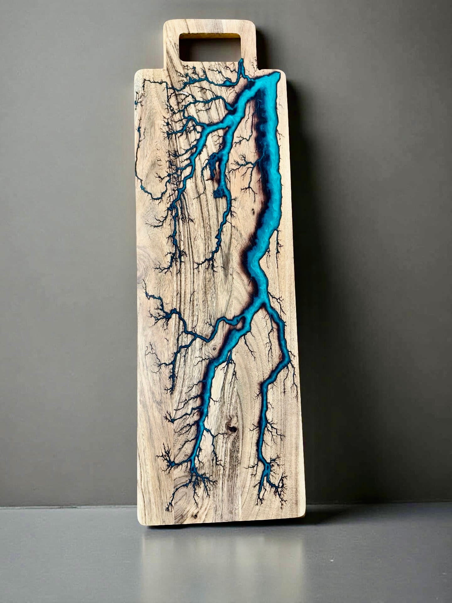 Teal resin long charcuterie board Australian made sustainable timber design East Gippsland grazing platter by Fractal Flow Designs resin boards Australia