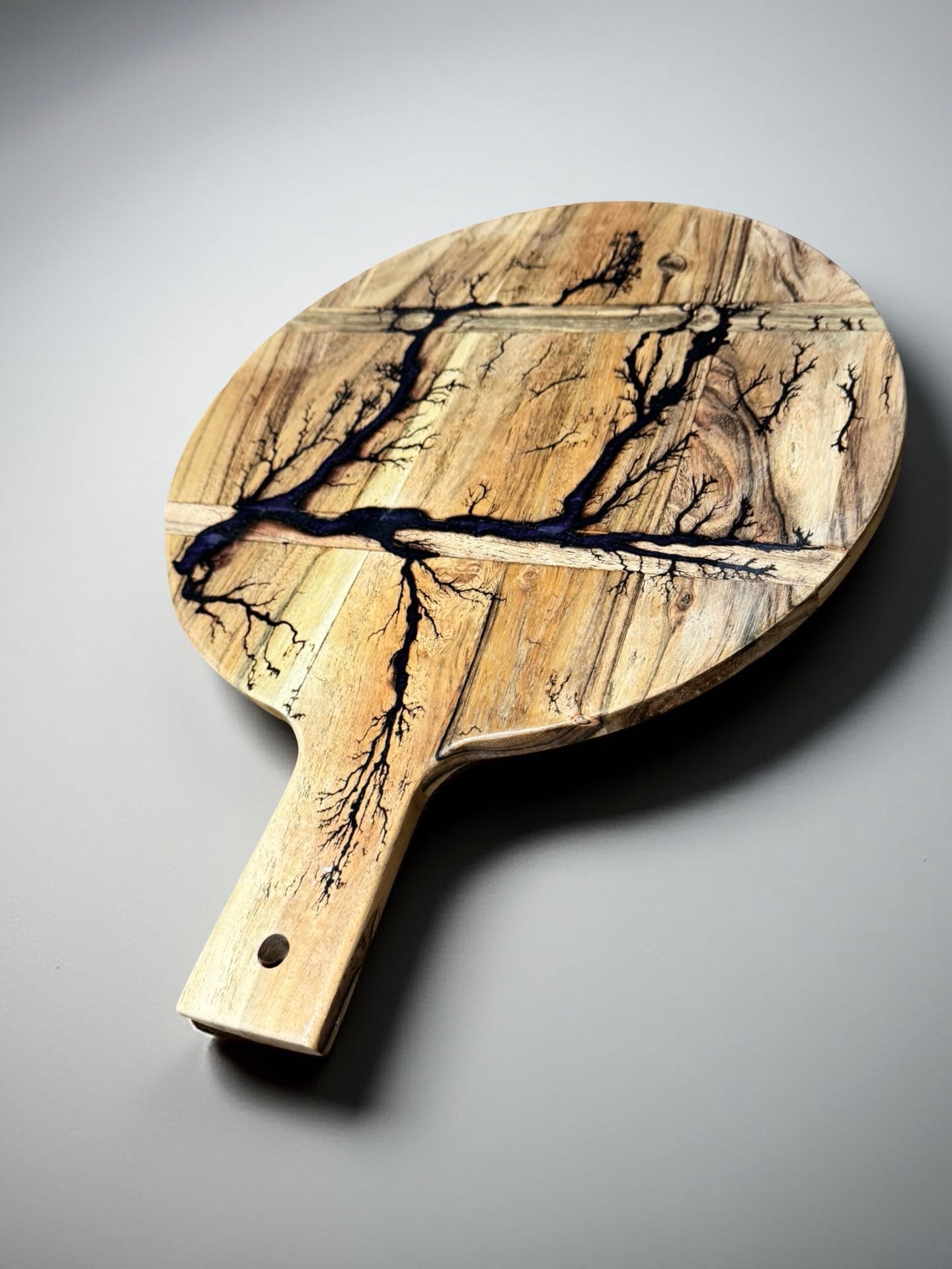 Handcrafted acacia round cheese paddle purple resin boards Australia with bold fractal burning