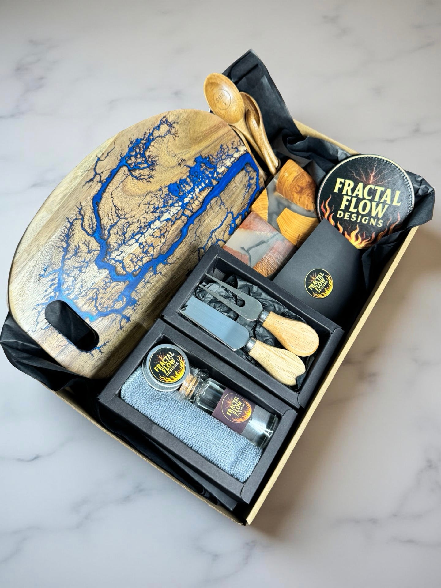 Sapphire blue resin board gift box with cheese knife set care kit resin and cypress coasters fractal flow pen opener
