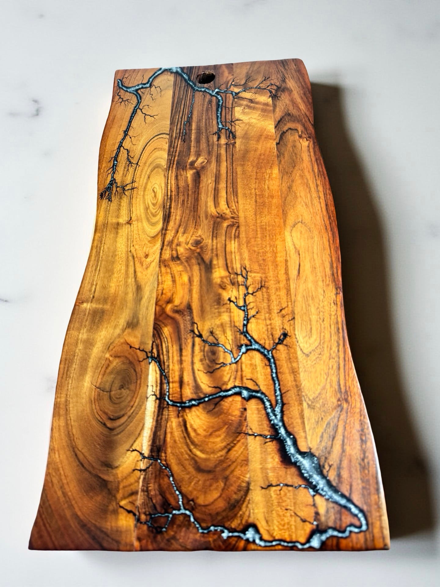 Handcrafted live edge platter reflective silver resin sustainable Australian timber with fractal burn detail In resin