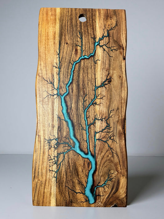 Live edge board iridescent green resin art with electric lightning burn design, premium grazing board Australia