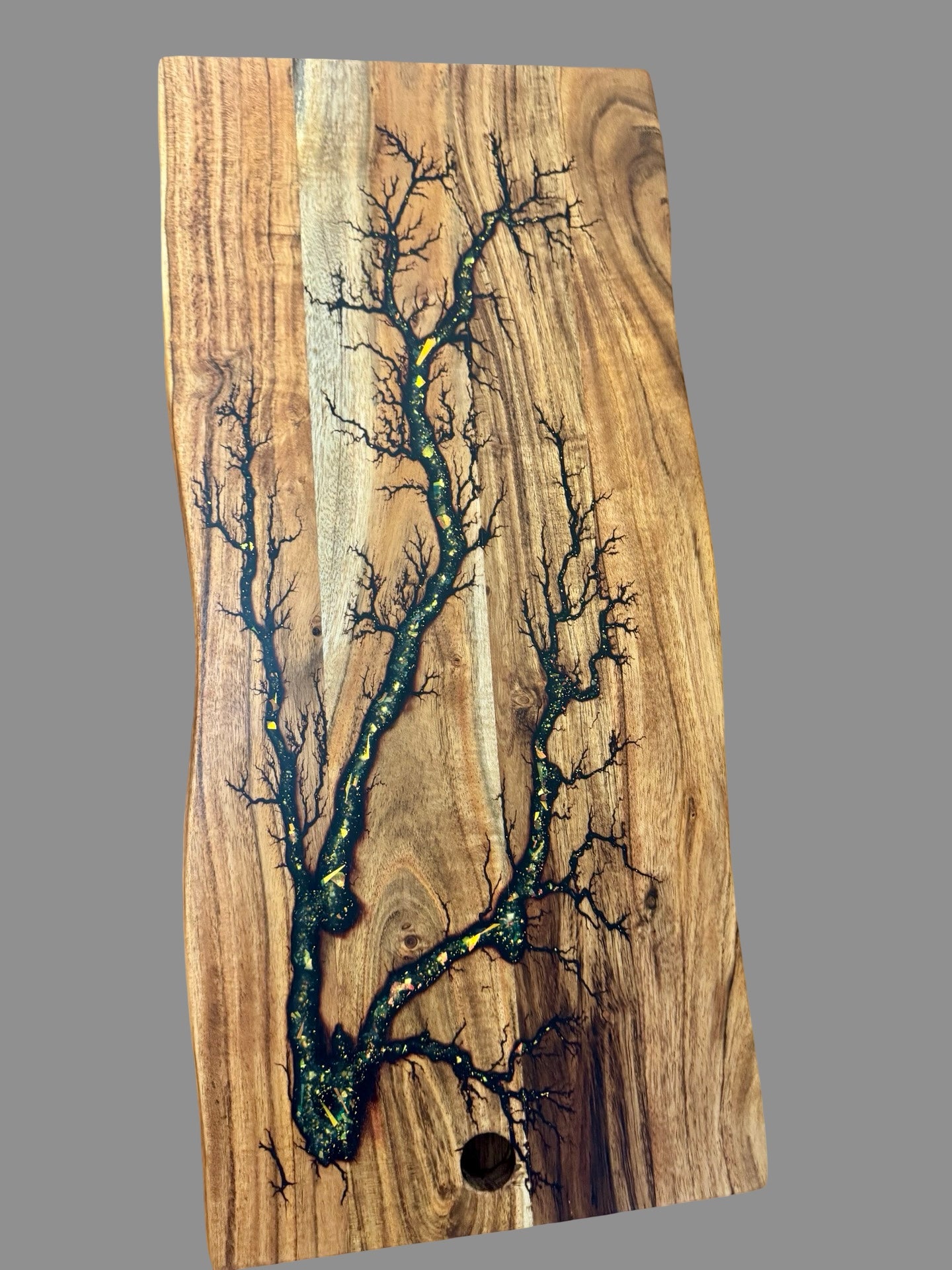 Luxury resin and timber charcuterie board with live edge finish, handcrafted by Fractal Flow Designs, Australian-made platter perfect for gift shops and gourmet entertaining