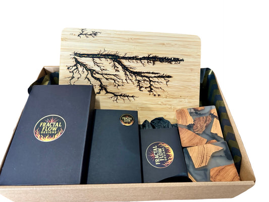 Bamboo chopping board gift box with clear resin and cypress timber coasters