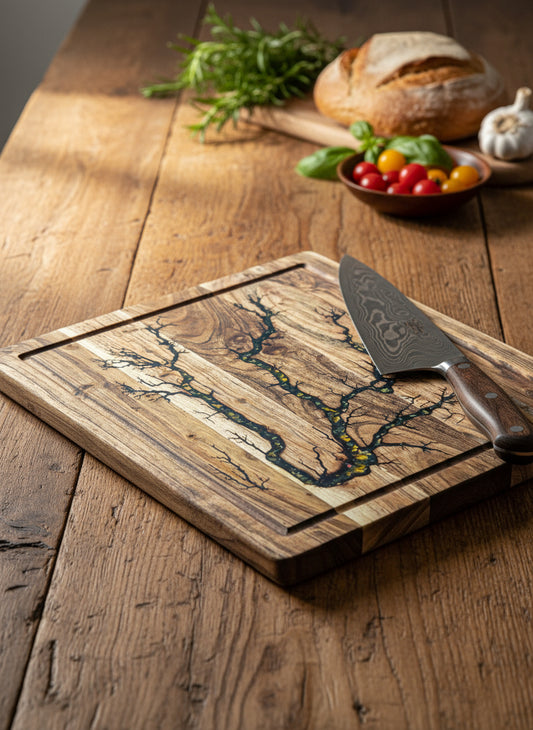 Premium resin and timber chopping board from Fractal Flow Designs — Australian kitchenware built for durability and design impact.