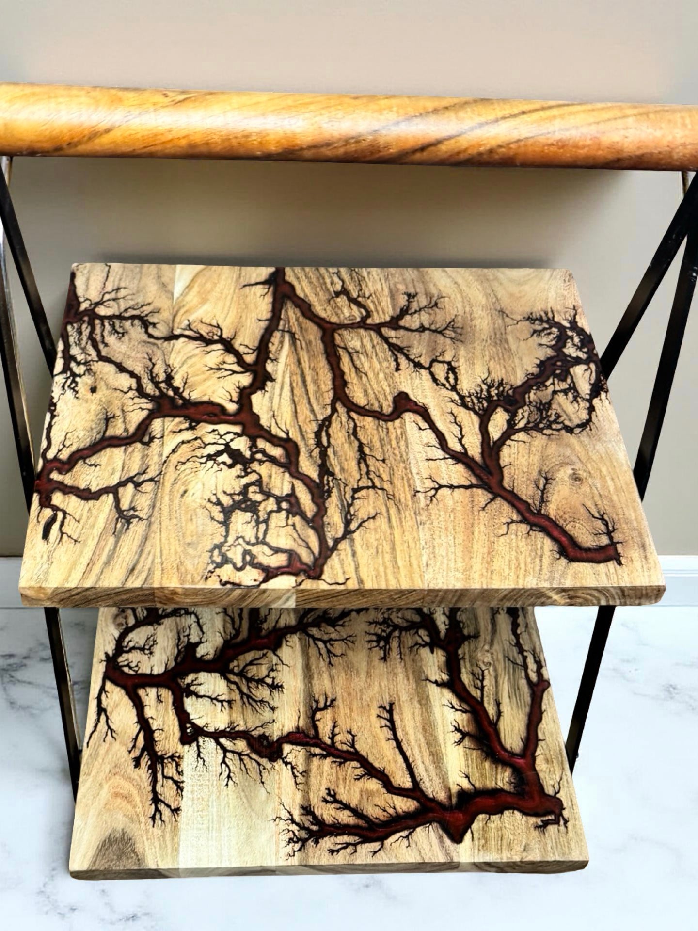 Red resin display stand for cakes handcrafted Australian timber premium fractal burned design East Gippsland resin boards Australia