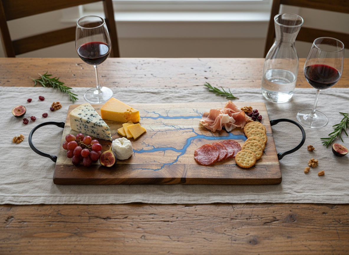 Purple Resin Art and wood serving platter handcrafted by Fractal Flow Designs — Australian-made resin board ideal for charcuterie- desserts or grazing presentations