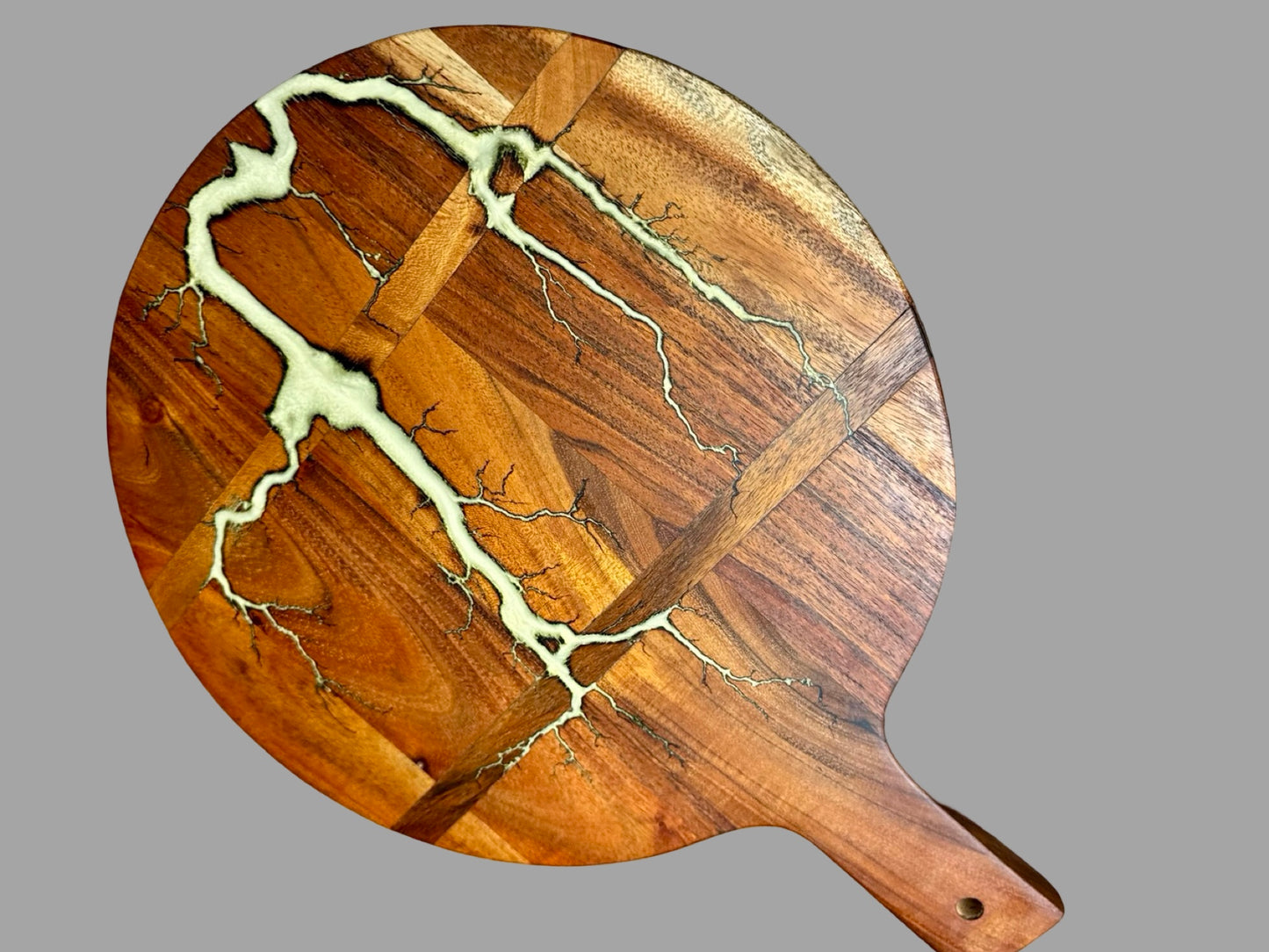 Round resin cheese board with bold fractal style, artisan serving platter from Victoria Australia
