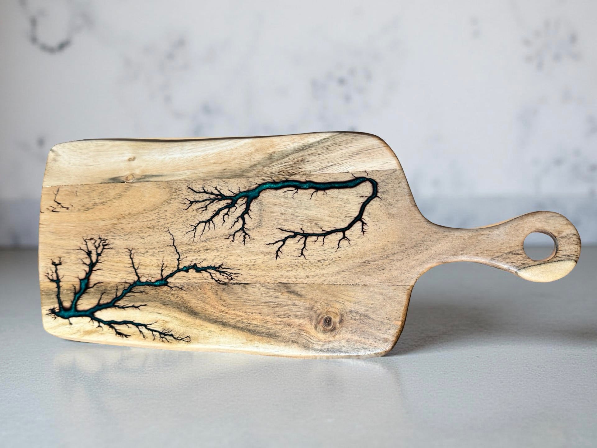 Handcrafted acacia cheese board green resin boards Australia rectangle paddle fractal burn finish