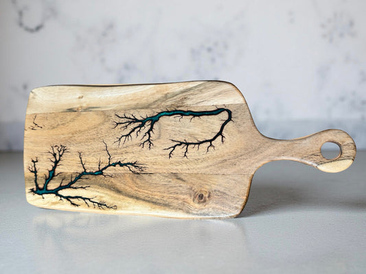 Handcrafted acacia cheese board green resin boards Australia rectangle paddle fractal burn finish