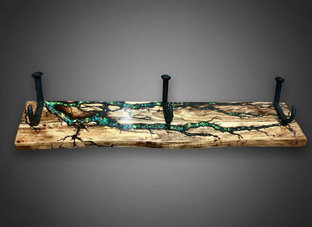 Australian made Magic Opal resin coat rack 550mm x 110mm x 20mm handcrafted in East Gippsland by Fractal Flow Designs premium timber homeware with electric resin detail