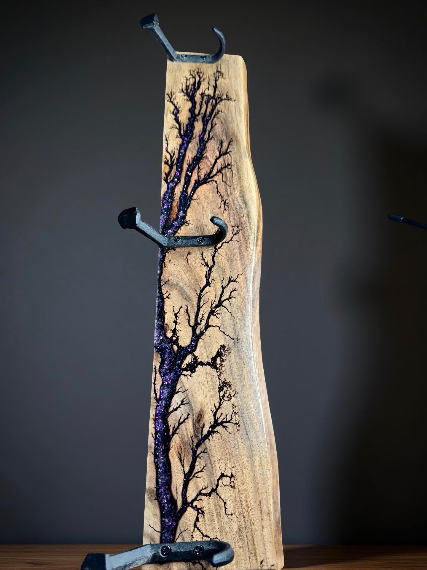 Purple resin coat rack with premium fractal art, Australian timber wall décor