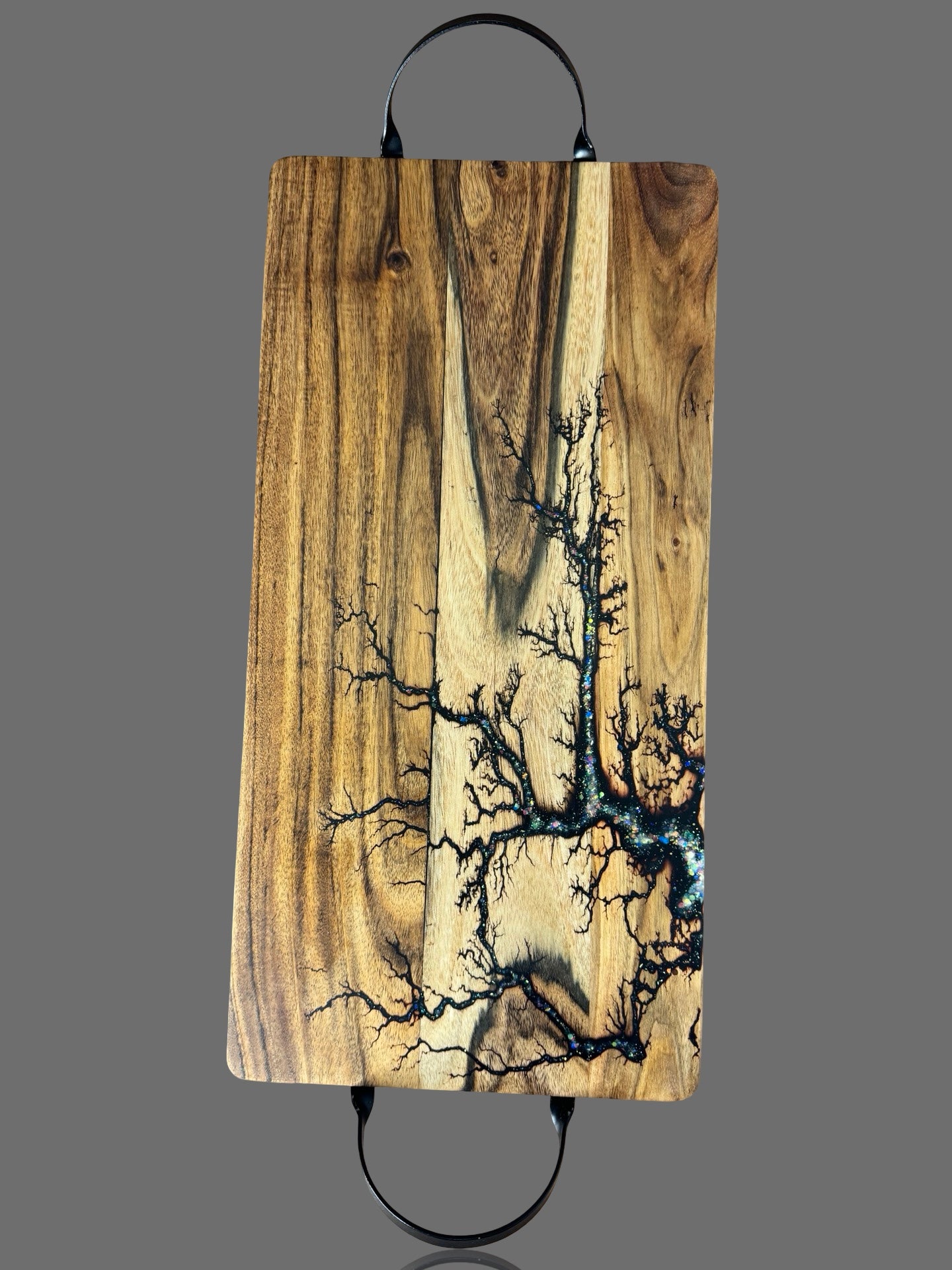 Resin cheese and serving board made from Australian hardwood by Fractal Flow Designs. Unique artisan finish, perfect for grazing platters, gifts, or modern kitchen decor