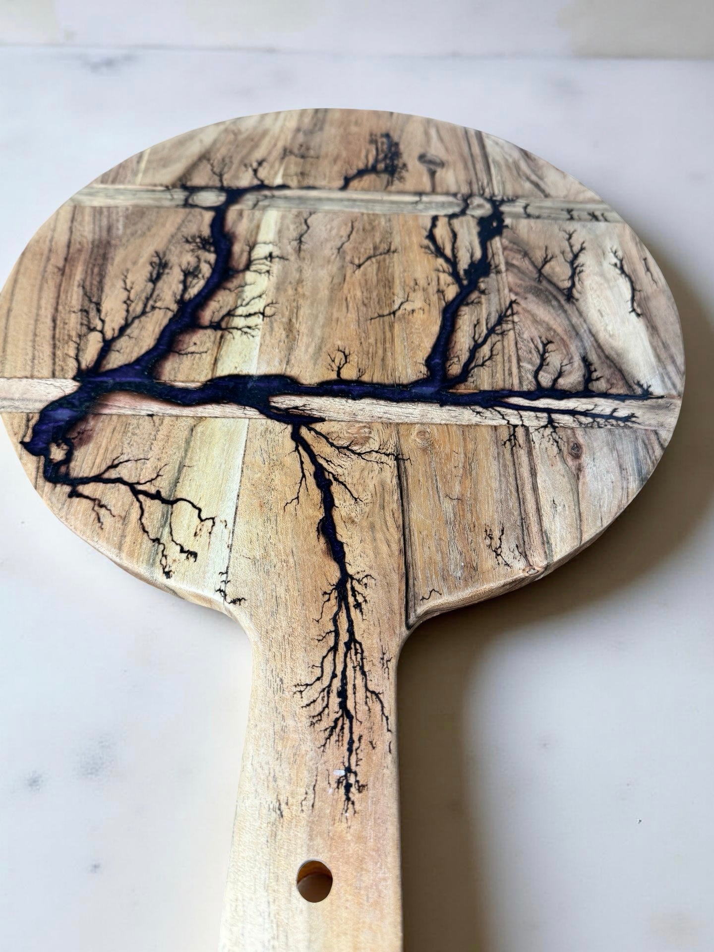 Acacia round cheese paddle purple resin art premium resin boards Australia fractal burning art