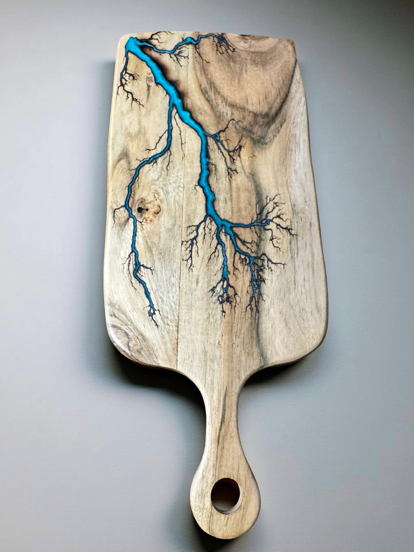 Acacia cheese paddle rectangle board lagoon blue resin boards Australia fractal burn artwork