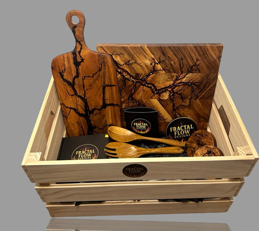 Premium Australian resin boards gift box with handcrafted serving paddle, cheese knife, coasters, and care kit by Fractal Flow Designs, Bairnsdale Victoria