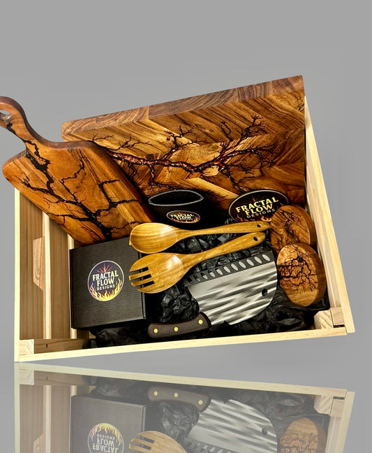 Handmade premium gift hamper with herringbone resin board, cheese paddle, resin-burnt coasters, and gourmet extras, shipped Australia-wide