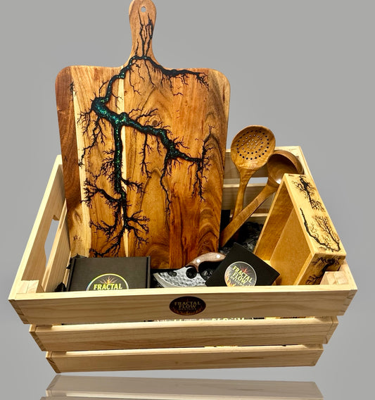Australian-made resin board premium gift box with handcrafted timber platter, cheese paddle, meat cleaver, coasters, and premium care essentials