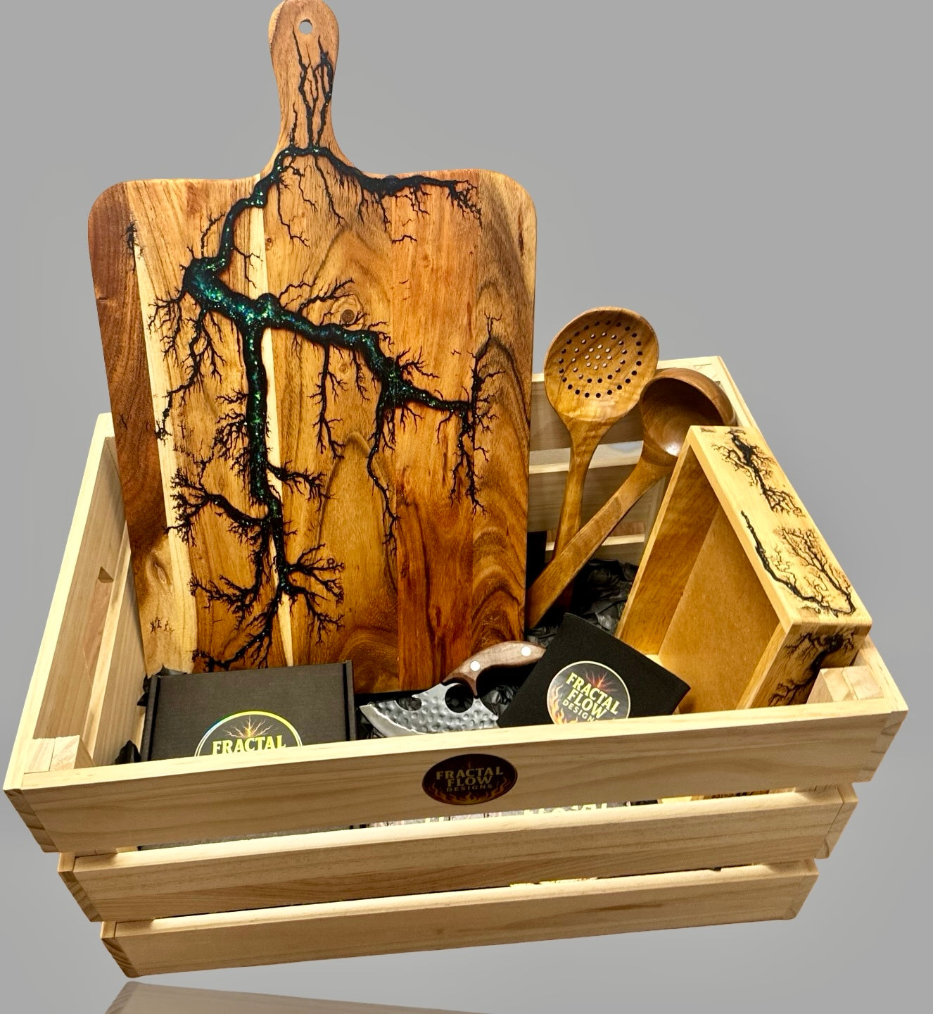 Australian resin boards premium gift hamper with handcrafted serving board, resin paddle, coasters, care kit, and forged knife by Fractal Flow Designs