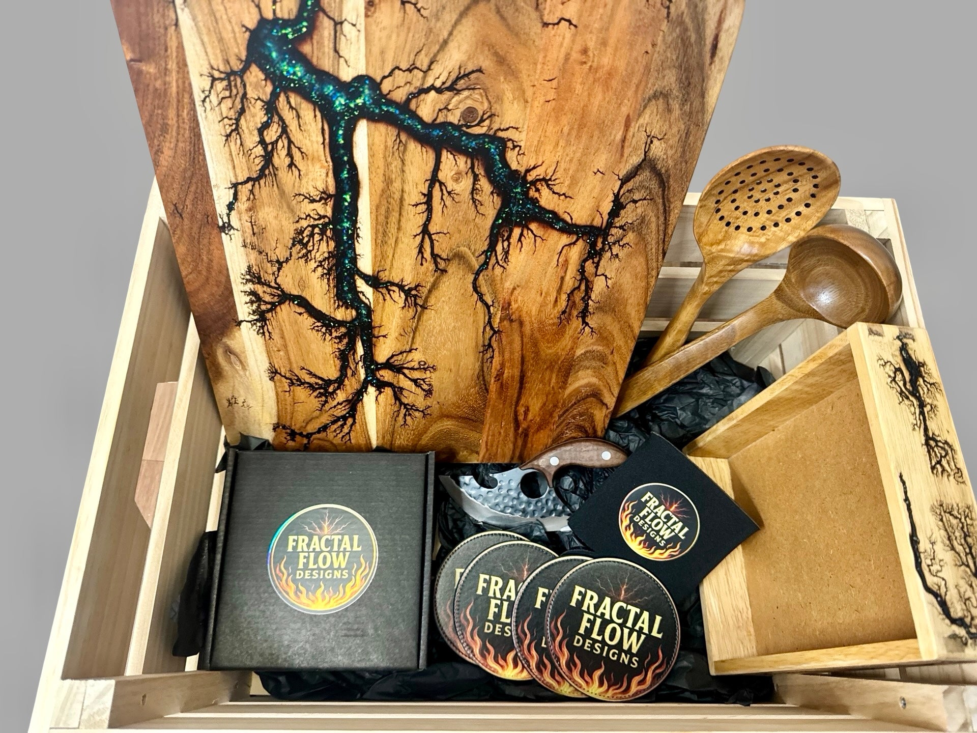 Luxury resin board premium gift box with gourmet inclusions, cheese paddle, forged cleaver, resin serving board, and premium timber coasters