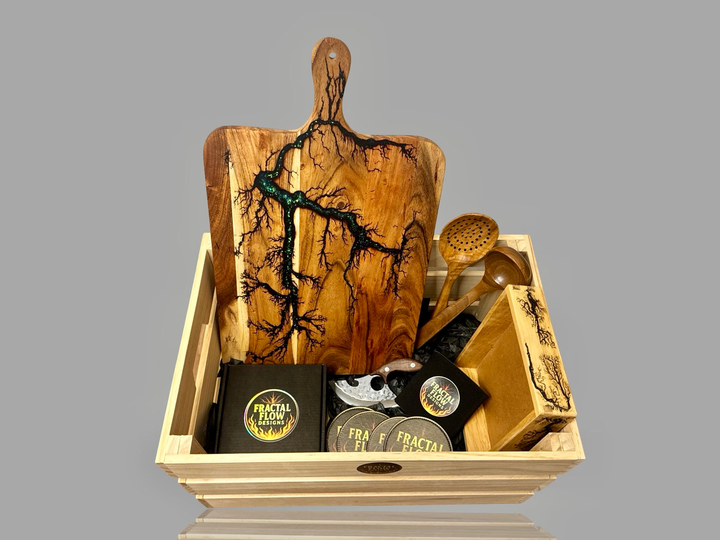 Fractal Flow Designs luxury resin board premium gift box showcasing handcrafted timber craftsmanship, resin inlays, and gourmet additions
