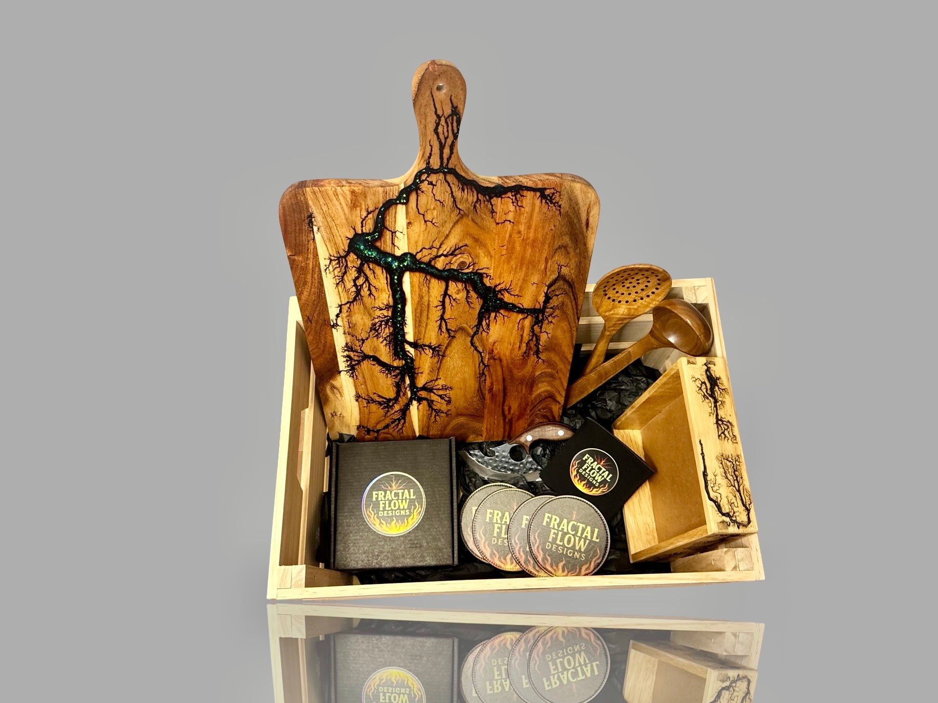 Deluxe resin board gift box made in Bairnsdale Victoria featuring herringbone platter, cheese knife, bottle opener, and resin-burnt coasters