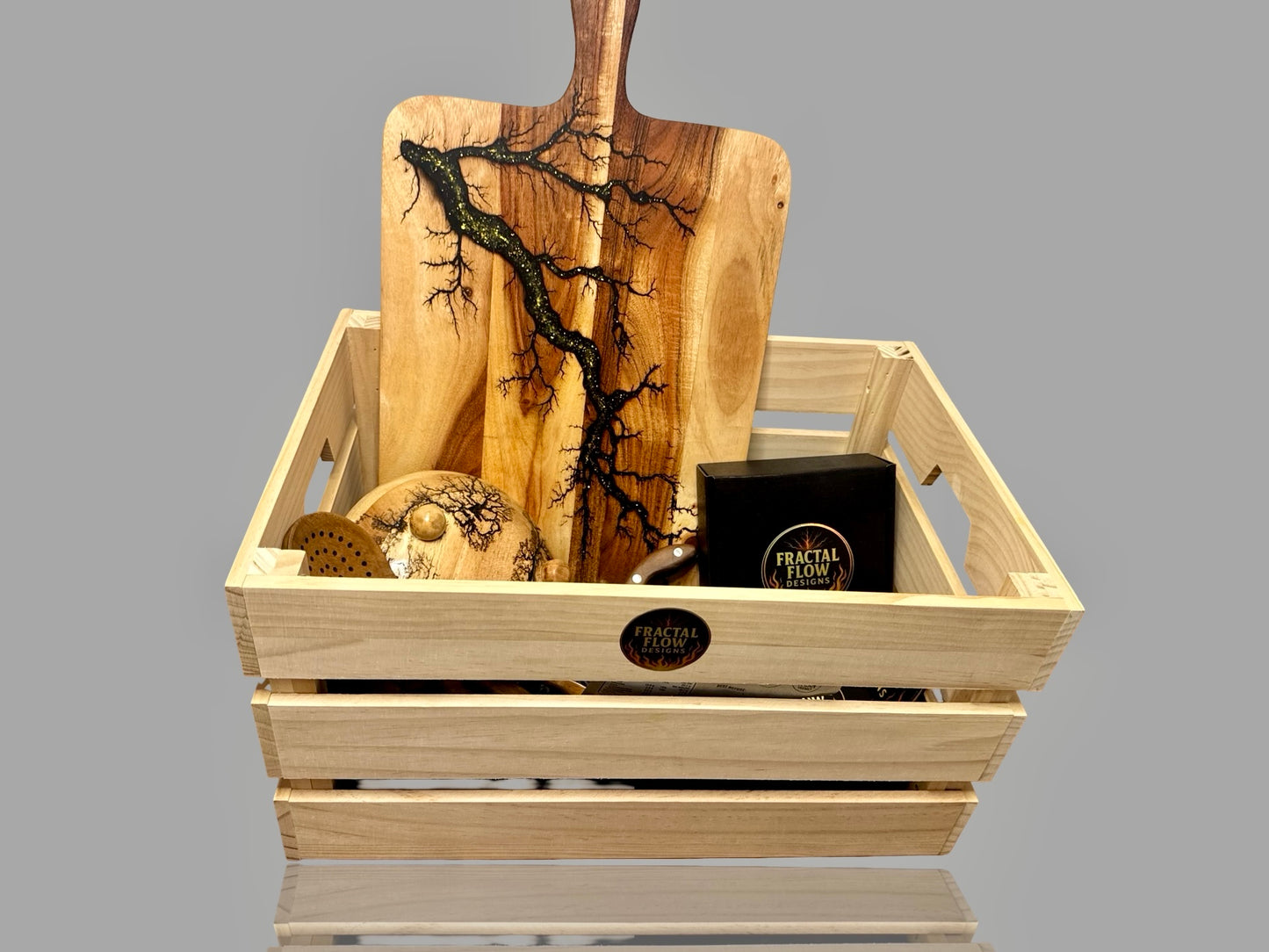 Luxury Australian resin gift box for special occasions featuring handcrafted charcuterie board, forged cheese knife, coasters, and premium care kit
