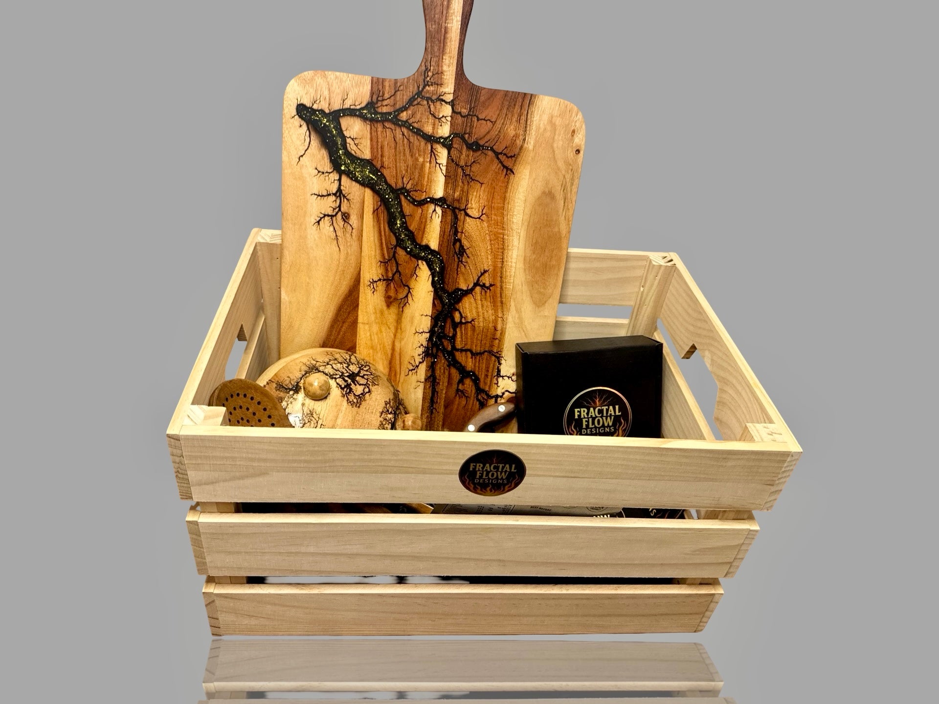 Luxury Australian resin gift box for special occasions featuring handcrafted charcuterie board, forged cheese knife, coasters, and premium care kit