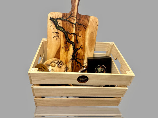 Luxury Australian resin gift box for special occasions featuring handcrafted charcuterie board, forged cheese knife, coasters, and premium care kit