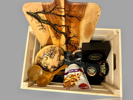 Artisan resin board premium gift box by Fractal Flow Designs with deluxe timber platter, cheese tools, and gourmet additions, perfect housewarming gift

