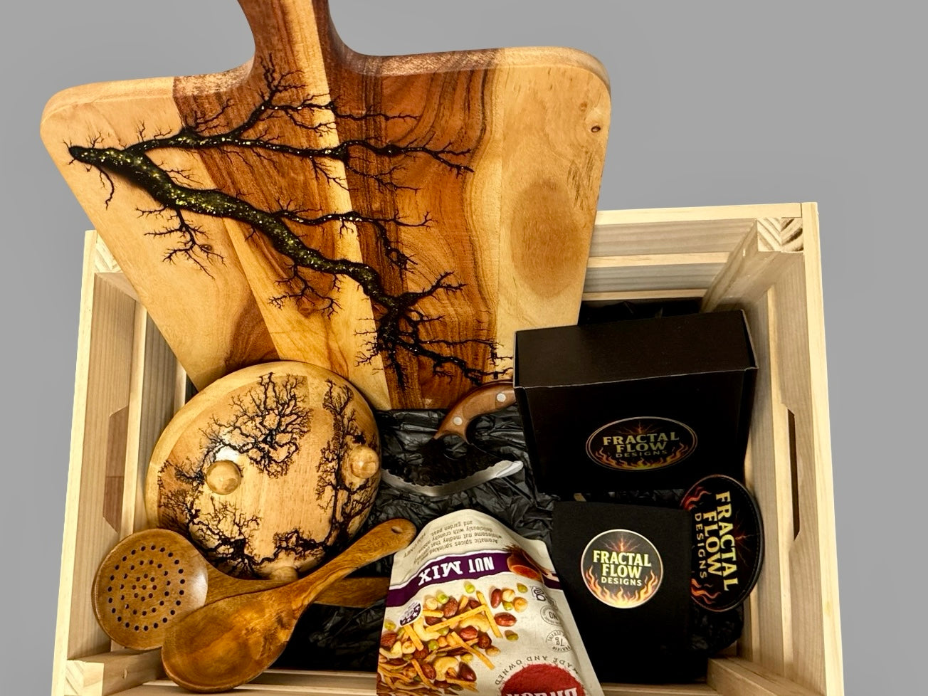 High-end resin boards Australia gift hamper with meat cleaver, serving board, cheese paddle, and care essentials, crafted in East Gippsland