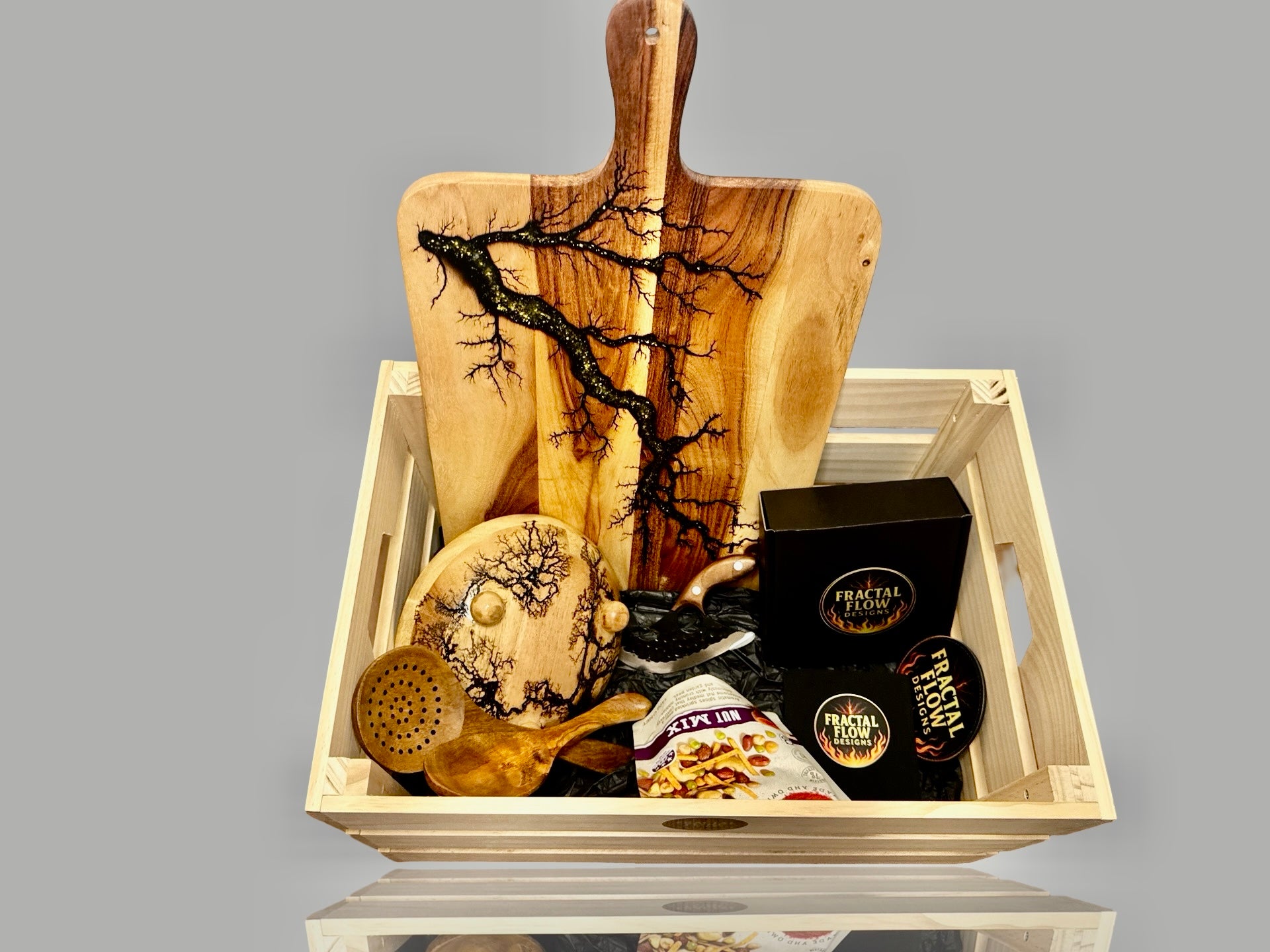 Deluxe resin boards gift set handcrafted in Bairnsdale Victoria with gourmet extras, premium timber platter, forged knife, and resin coasters