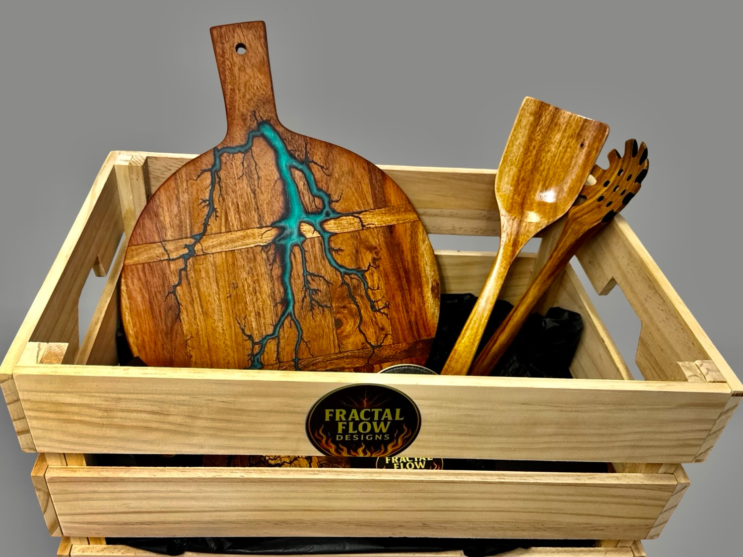 Australian resin board deluxe gift hamper with forged cheese knives, teak serving utensils, stubby holder, and timber coasters, perfect wedding and housewarming gift.