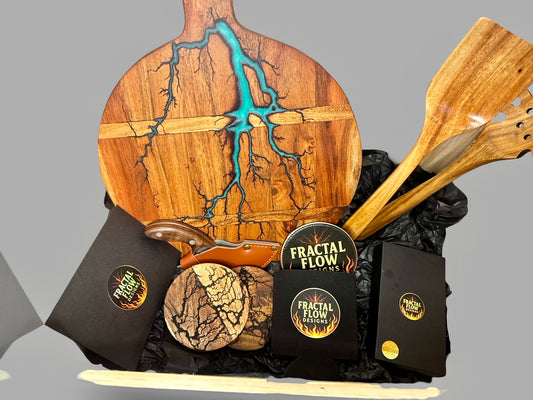 Australian resin cheese board hamper with premium knives, timber coasters, stubby holder, and eco-friendly teak utensils, luxury gift box for weddings or corporate gifting.