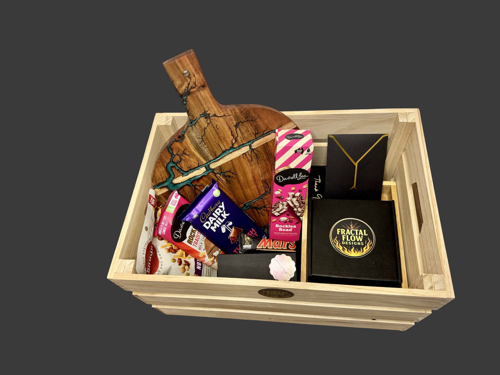 Handmade premium gift box – Fractal Flow Designs Australian timber and resin board, artisan-quality grazing platter, gift-ready and ships nationwide