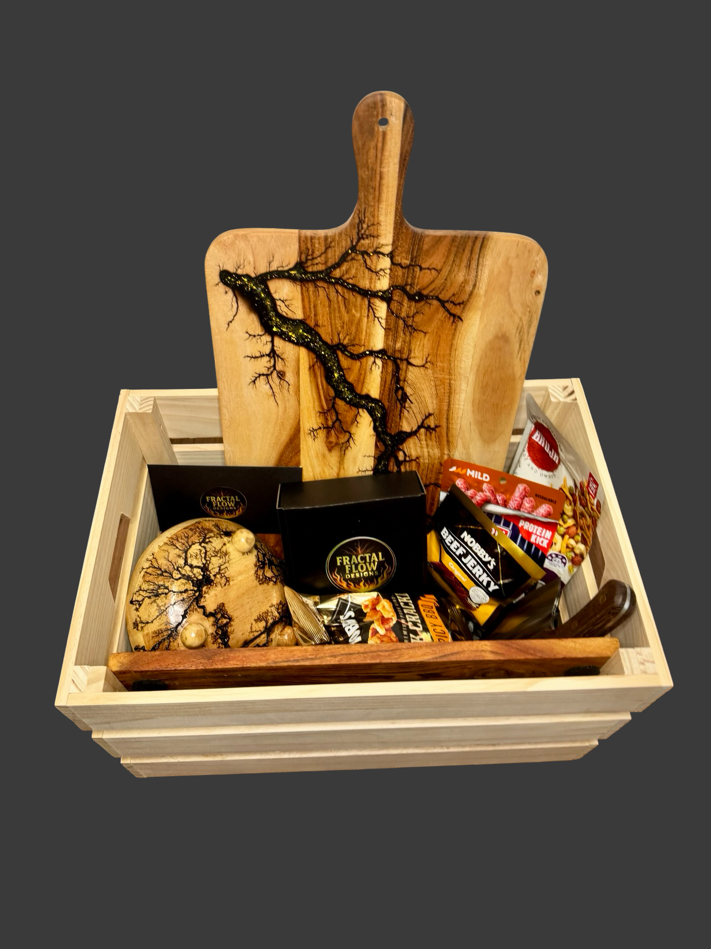 Fractal Flow Designs luxury gift box – artisan resin serving board with Australian timber, handcrafted in Victoria, perfect for weddings, anniversaries, and entertaining.