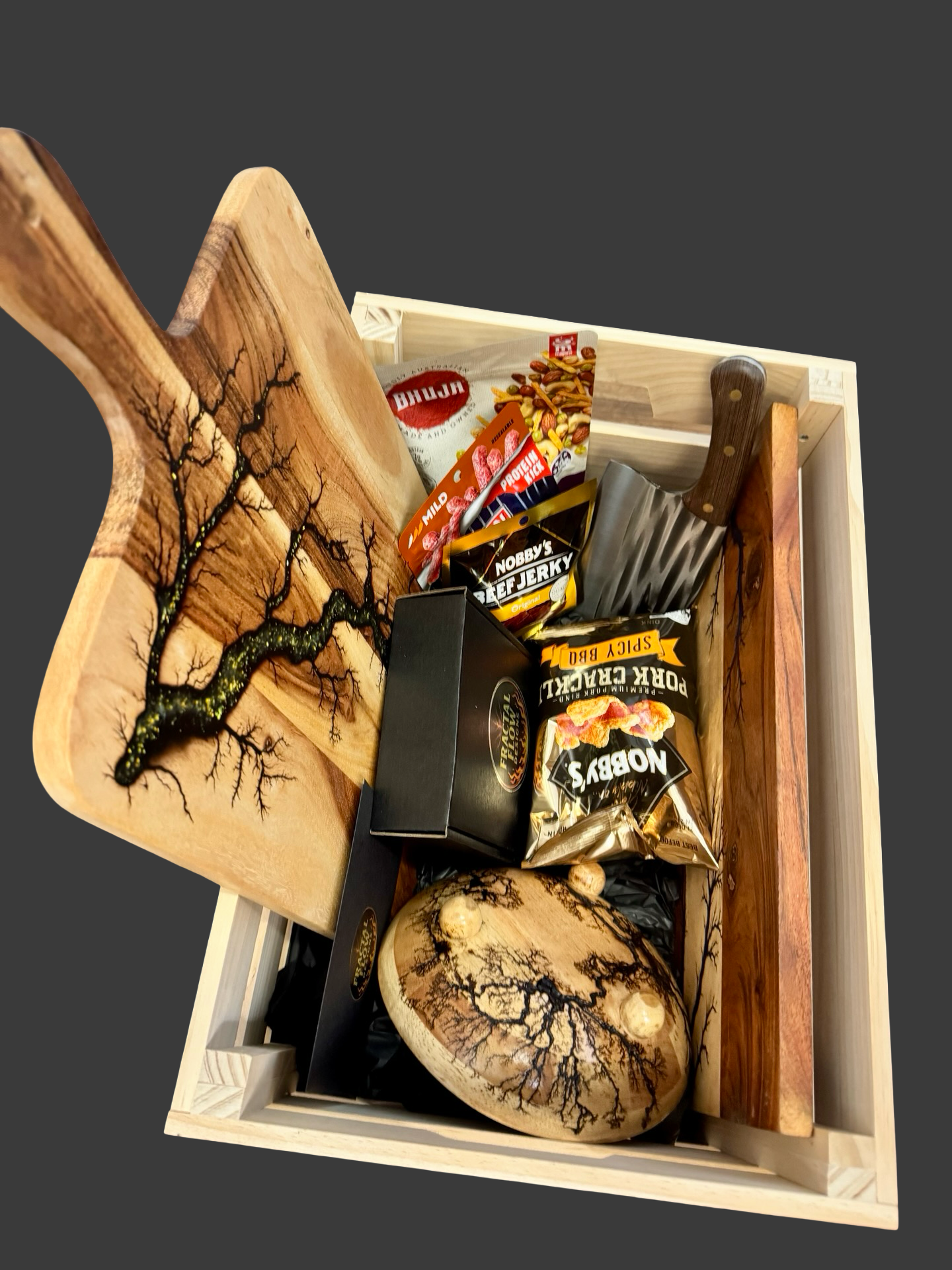 Handmade premium gift box – artisan resin and timber board by Fractal Flow Designs, Australian-made, one-of-a-kind entertaining and gifting piece