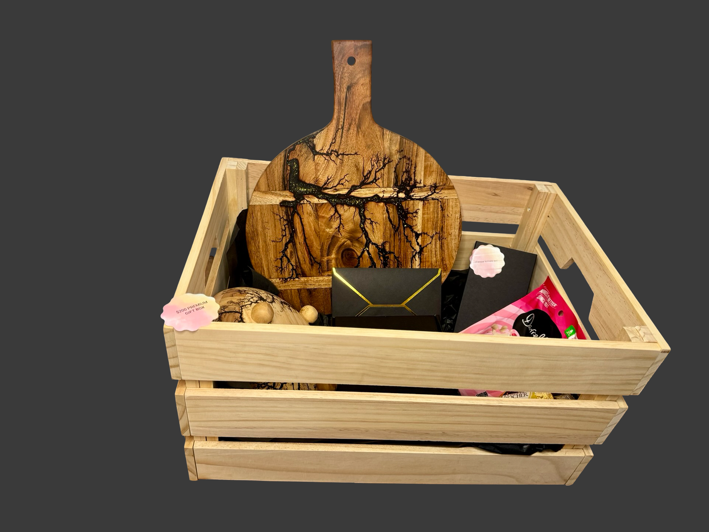 Premium resin board gift box handmade by Fractal Flow Designs in Bairnsdale, Victoria – Australian timber platter set, luxury gift-ready and ships nationwide.