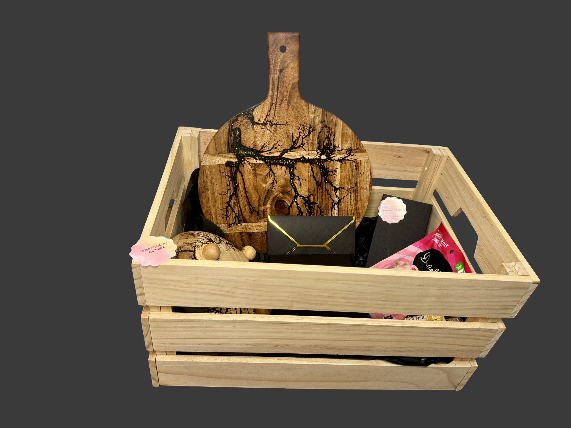 Premium resin board gift box handmade by Fractal Flow Designs in Bairnsdale, Victoria – Australian timber platter set, luxury gift-ready and ships nationwide.
