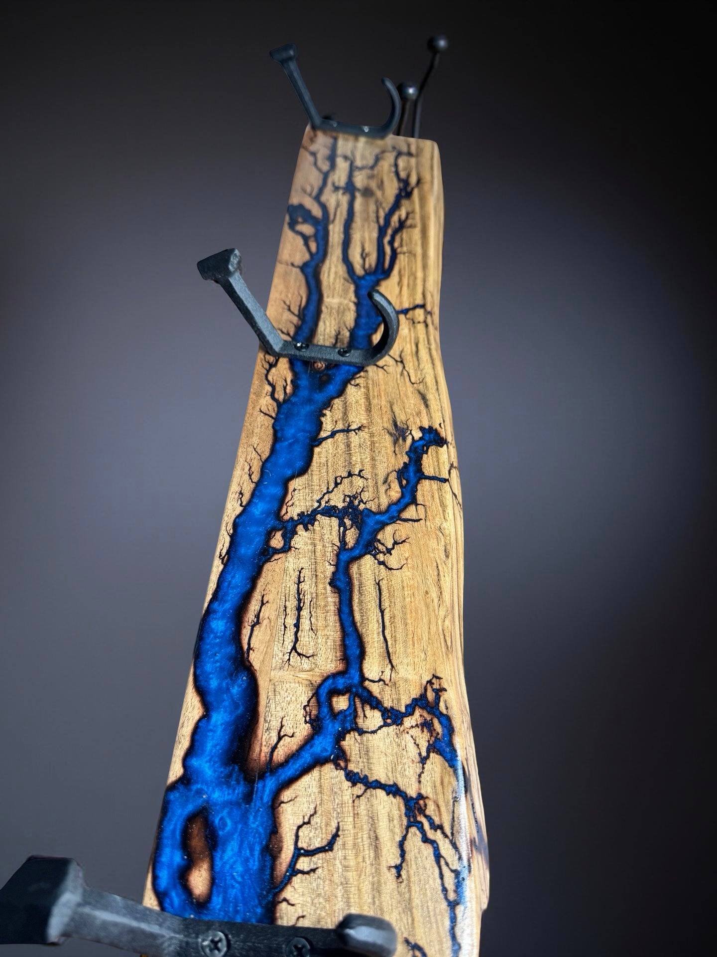 Sapphire blue resin coat rack with bold fractal art, premium Australian wall décor