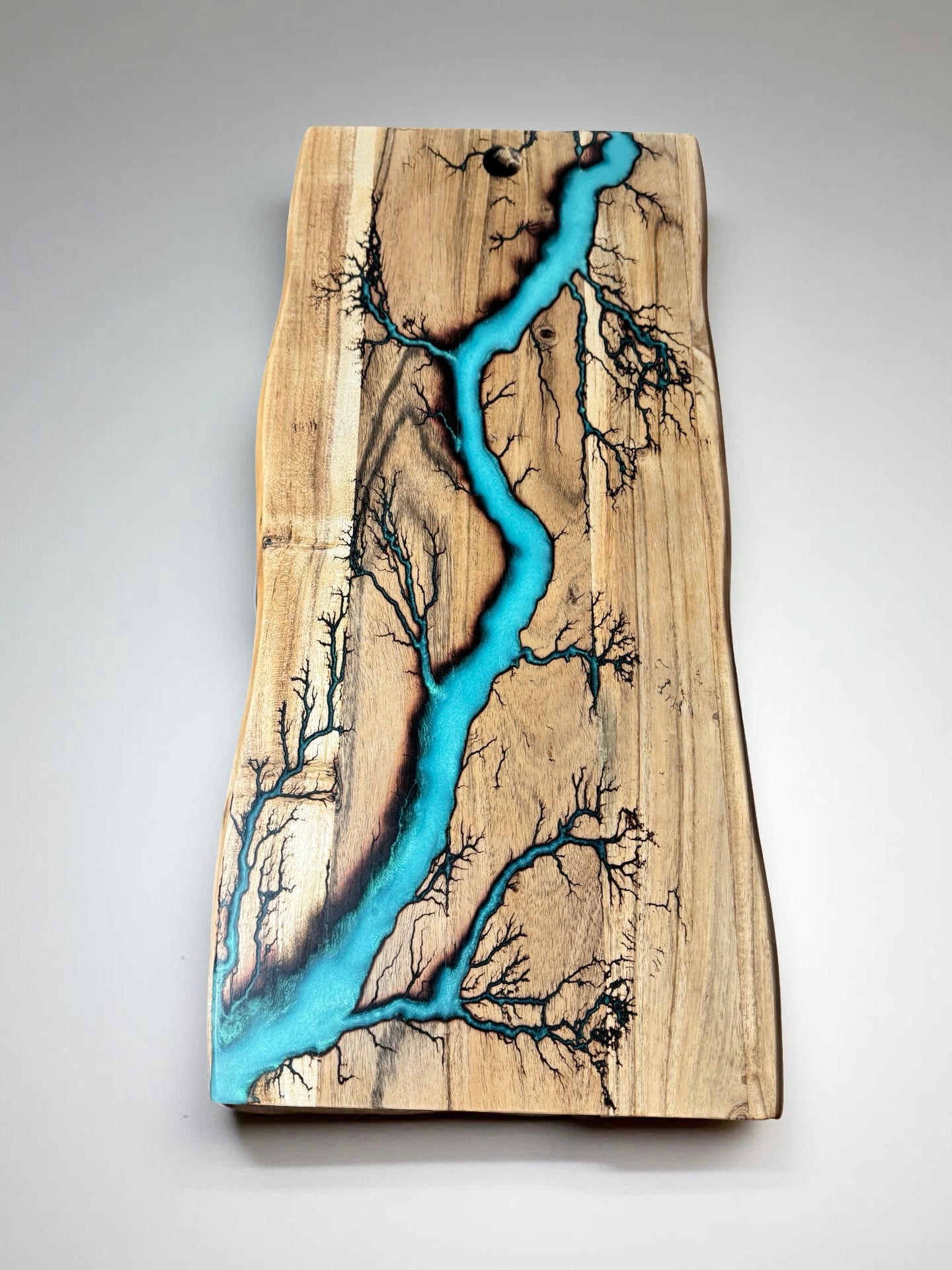 Live edge resin board iridescent green resin boards Australia handcrafted timber with bold fractal burning Art