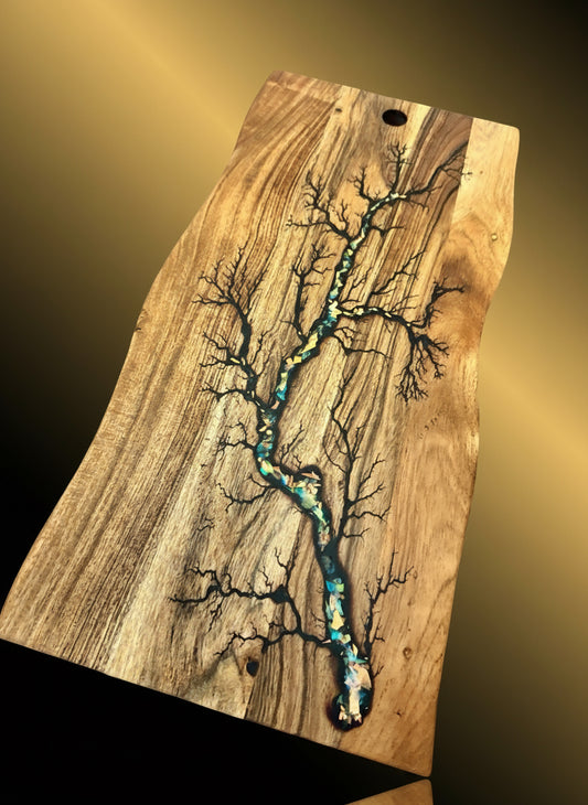 Resin inlay live edge cheese board, handmade timber grazing platter by Fractal Flow Designs, premium gift for food lovers and entertainers - Premium corporate gifting