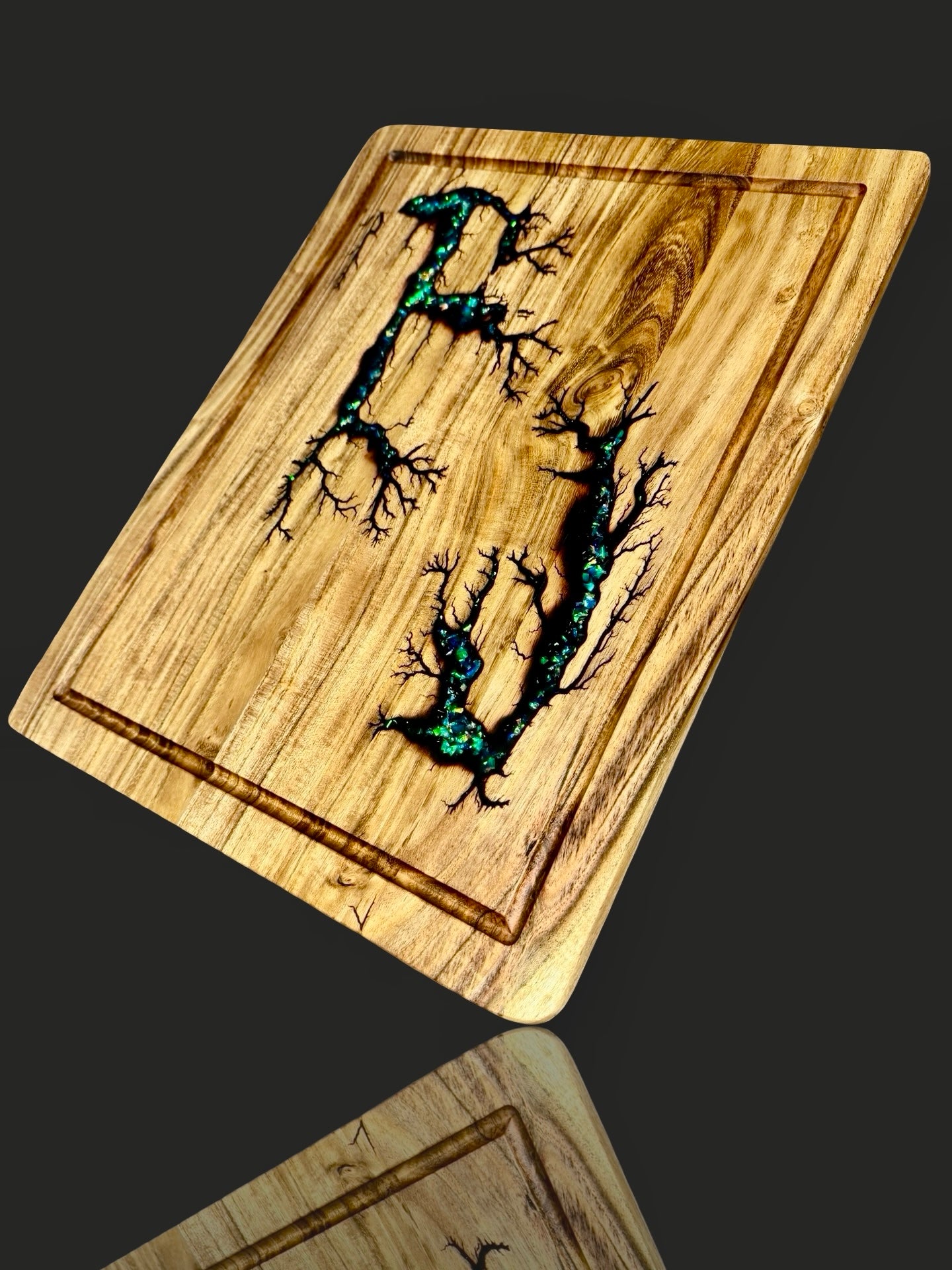 Unique fractal-burned resin brisket board – handcrafted timber serving board from Bairnsdale, Victoria, by Fractal Flow Designs, ships across Australia.