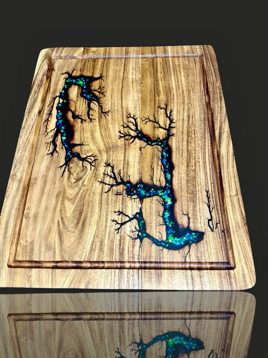 Premium resin cutting board handcrafted by Fractal Flow Designs in Bairnsdale, Victoria – Australian-made timber grazing, cheese, bbq and chopping board, luxury gift box, unique fractal burning art, ships Australia-wide