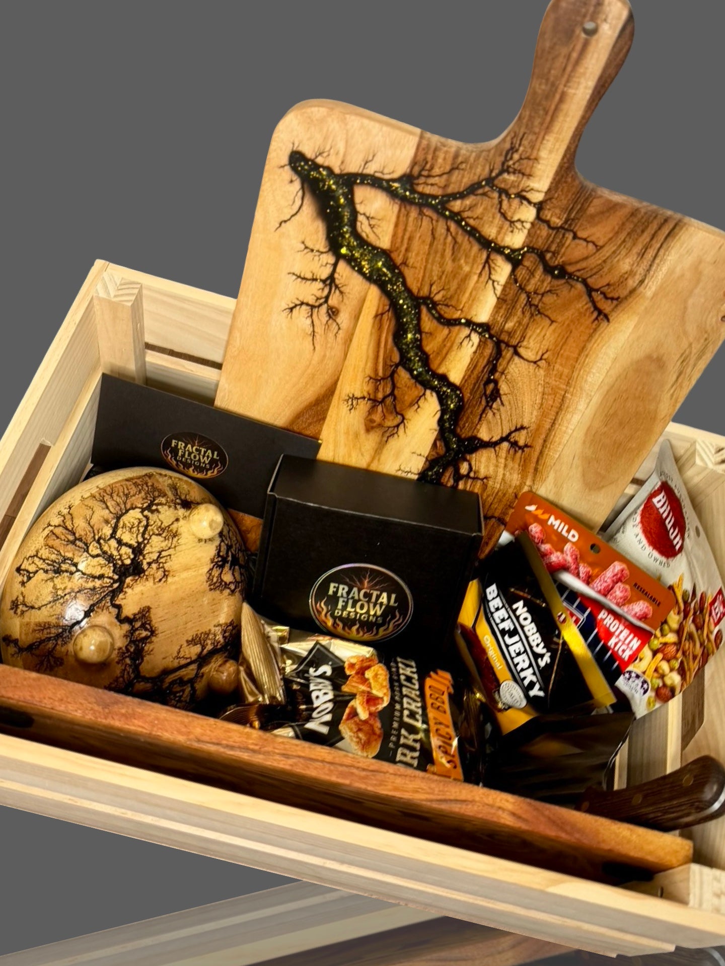 Premium Gift Box by Fractal Flow Designs – handcrafted resin board with Australian timber, artisan gift set made in Bairnsdale, Victoria, ships Australia-wide