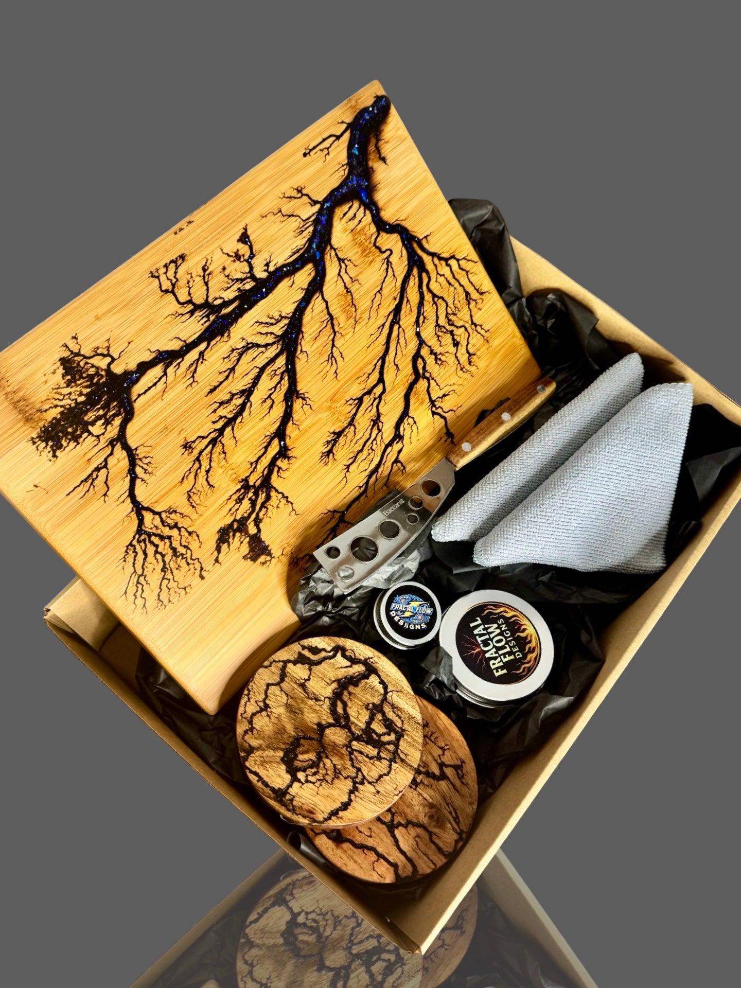 Fractal Flow Designs Cheese Lovers Gift Box – handcrafted resin cheese board, premium Australian timber platter, ideal for weddings, anniversaries, and special occasions.